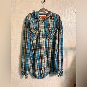 Rollin Paper Company Blue Plaid Men's Hoodie Shirt, Patches, Roll Button Sleeve